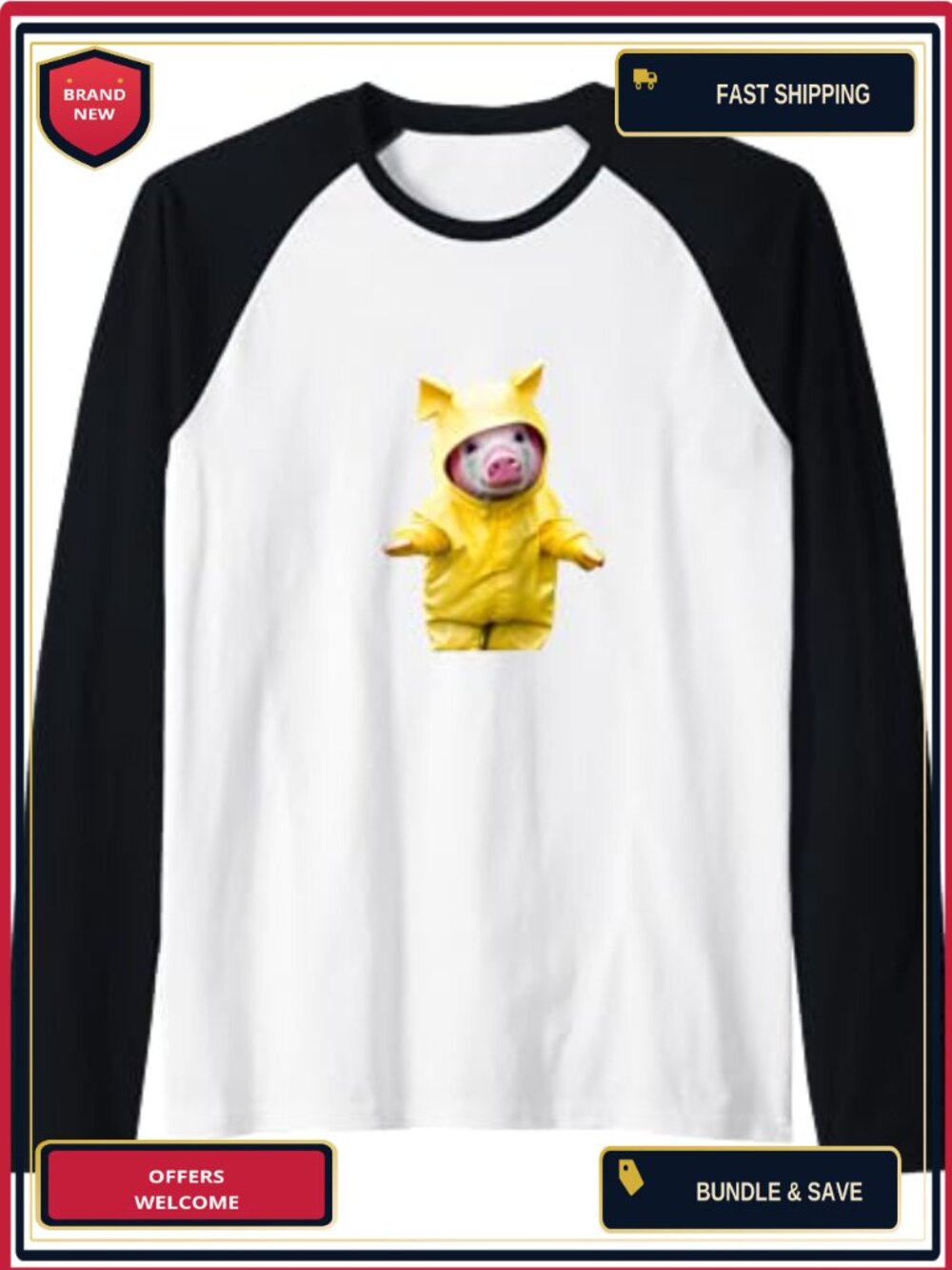 Cute Piggy in Yellow Raincoat Graphic Raglan Baseball Tee Long Sleeve